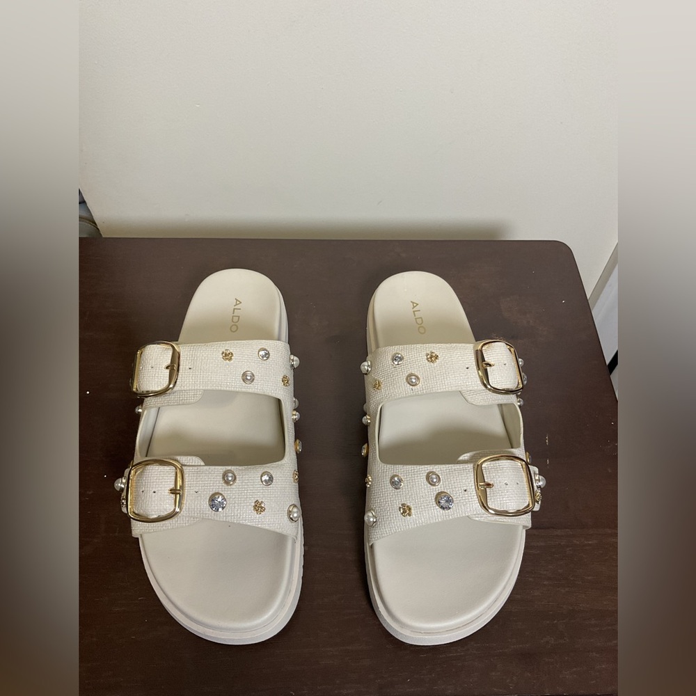 Aldo Women's Cream Sandals with Gold Buckles